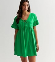 New Look Green Jersey Tie Front Frill Sleeve Mini Smock Dress